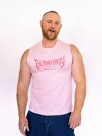 Man wearing a pink sleeveless shirt with 'The Pink Party' text on a white background