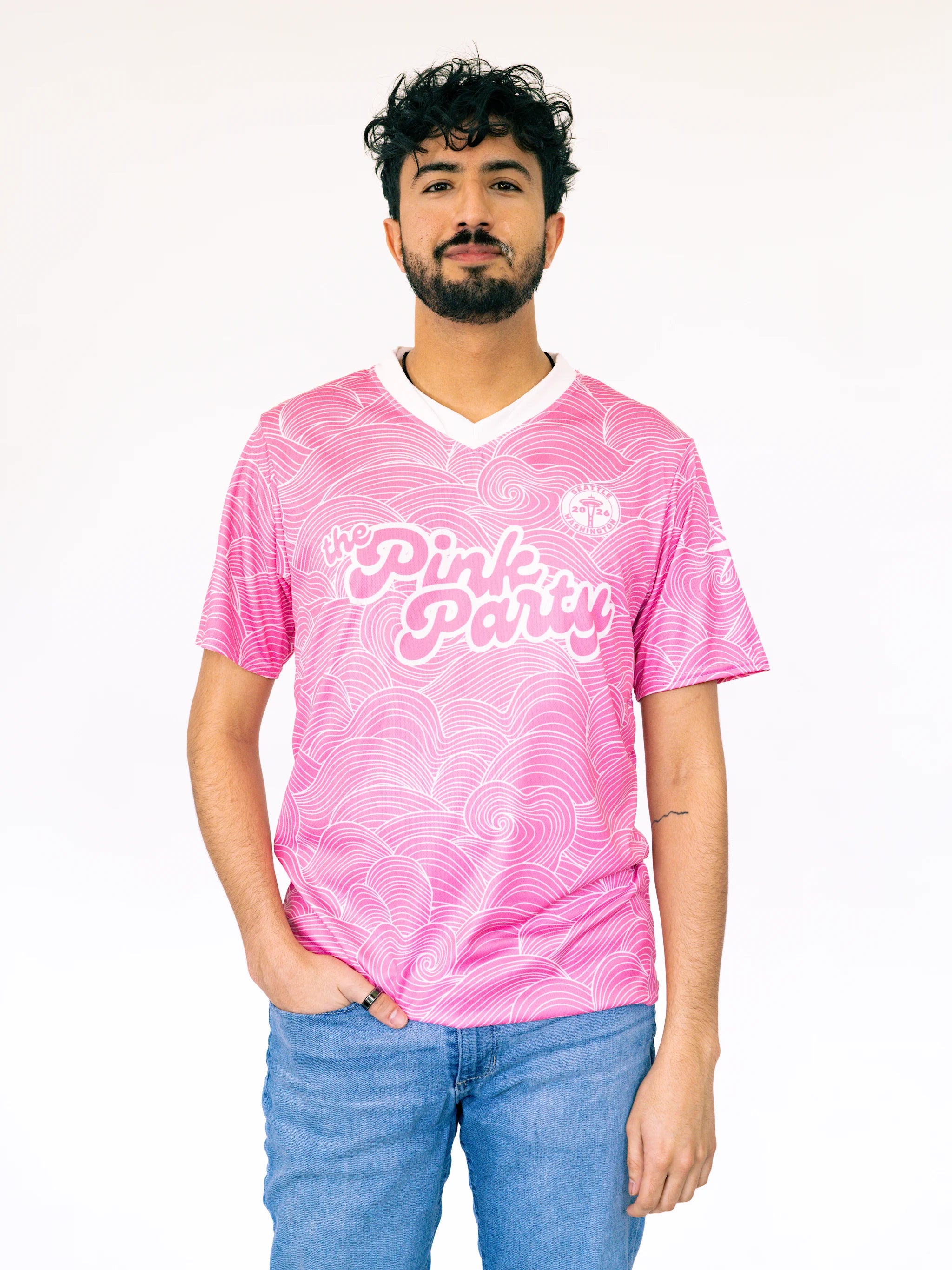 Person wearing a pink 'Pinkie Party' t-shirt with white text on a plain background